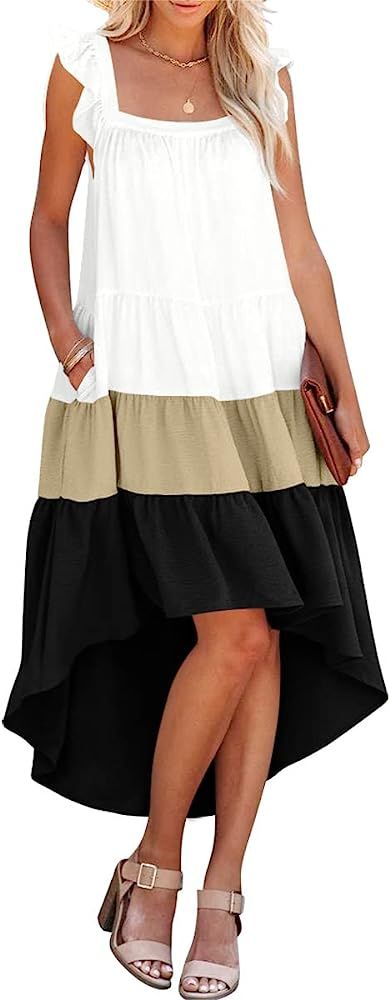 Prinbara 2022 Women's Summer Midi Dress Sleeveless Ruffle Sleeve Colorblock Solid Loose Fit Flowy Pl | Amazon (US)