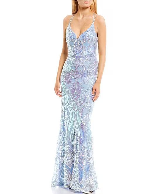 Pattern Sequin Strappy Back Long Dress | Dillard's