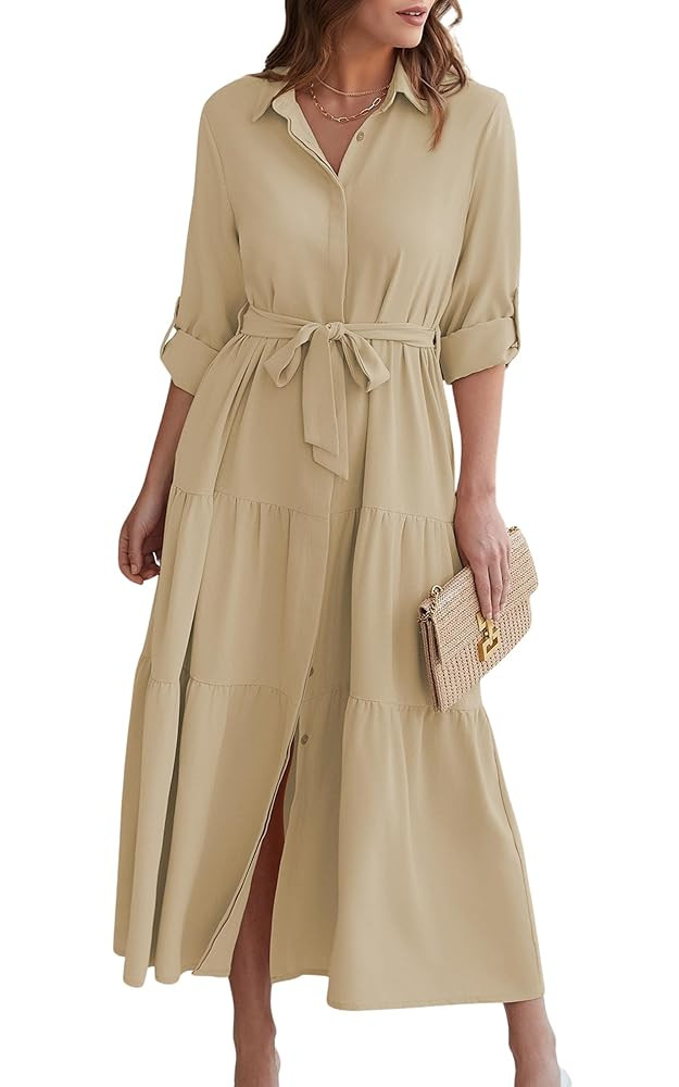 ECOWISH Women's Maxi Shirt Dress - 2025 Long Sleeve Button Casual Fall A-line Work Tiered Dresses... | Amazon (US)