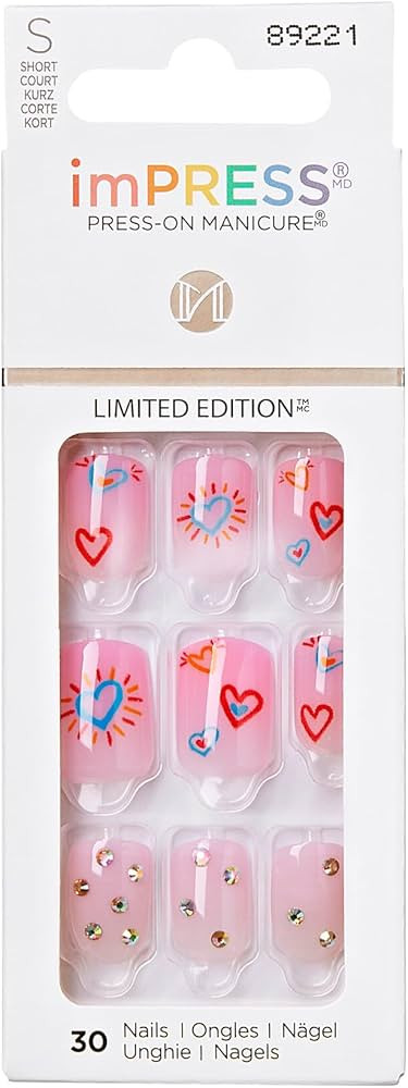 KISS imPRESS No Glue Mani 30 Pcs Premium Press On Nails, Pink Nails with Rhinestone, Heart, Short... | Amazon (US)