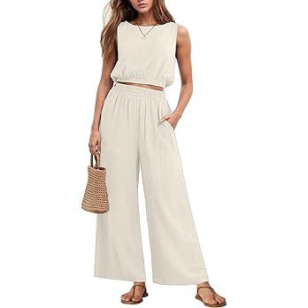 GRECERELLE Two Piece Sets for Women Sleeveless Crop Top Wide Leg Pants Sweat Set for Women Tracks... | Amazon (US)