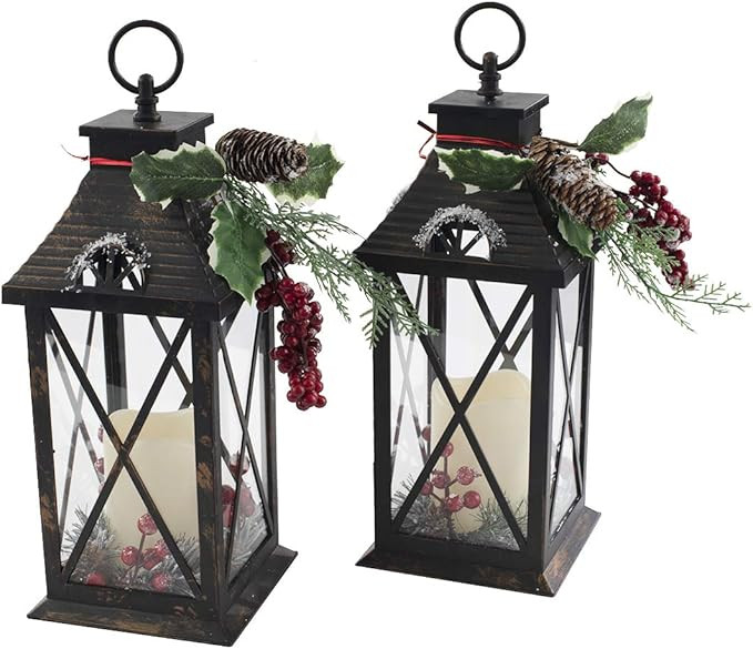 Quality Craft XL19032 Lantern with Battery-Powered Candle Set of 2 Holiday Decoration, Black | Amazon (US)