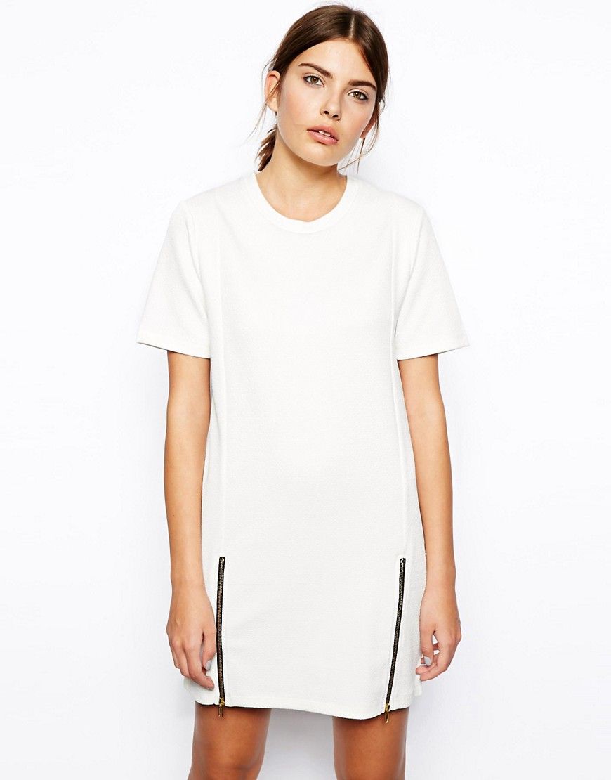 ASOS Shift Dress with Zip Sides in Texture - White | ASOS UK