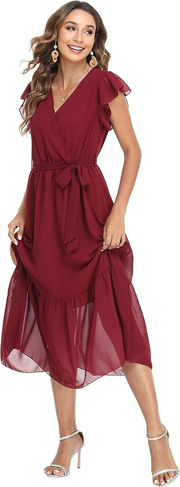 VintageClothing Womens Sundress Casual Floral Summer Boho Dress Flowy Wrap V Neck Ruffle A-Line P... | Amazon (US)