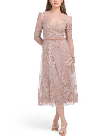 Long Sleeve Lace Illusion Dress With Beaded Belt | TJ Maxx