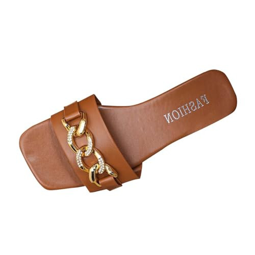 Women's Flat Sandal Metal Decorate Open Toe Slides Summer Casual Fashion Cozy Leather Slipper for Beach Shower Walking | Amazon (US)