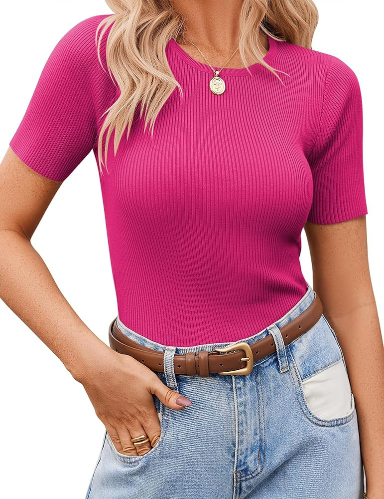 Zeagoo Women's Short Sleeve Basic Slim Fit Tops Crewneck Ribbed Knit T Shirt Cute Summer Outfits | Amazon (US)