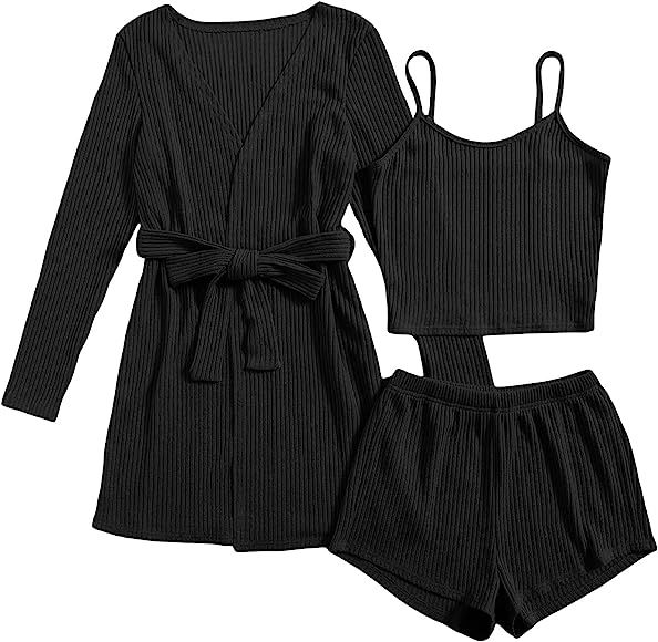 SOLY HUX Womens Pajama Sets 3 Piece Lounge Set Ribbed Knit Cami Top and Shorts Soft Sleepwear with R | Amazon (US)