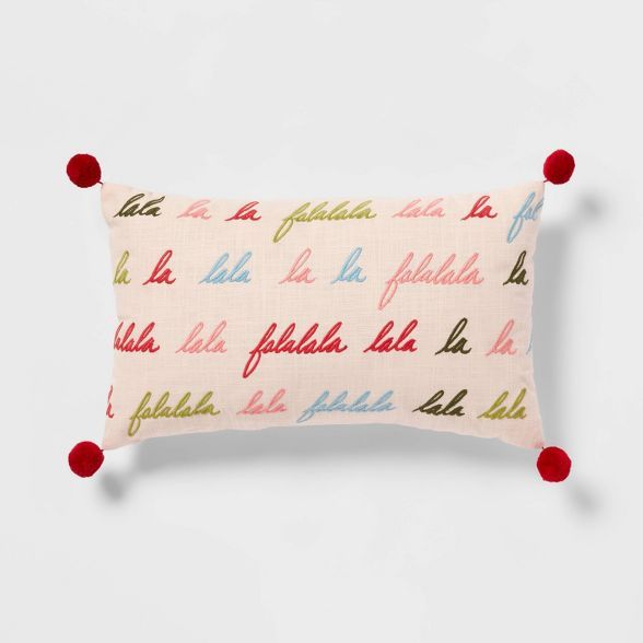 Falala&#39; Embroidered Lumbar Christmas Throw Pillow with Pom Poms Blush - Threshold&#8482; | Target