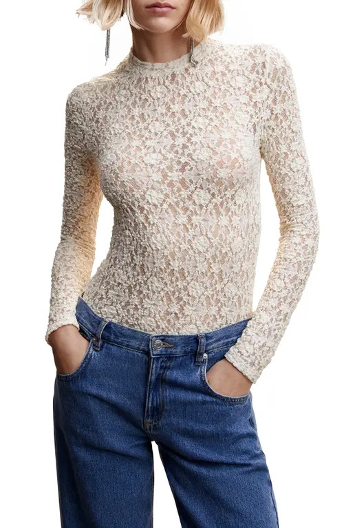 MANGO Semisheer Floral Lace Top in Off White at Nordstrom, Size Medium | Nordstrom