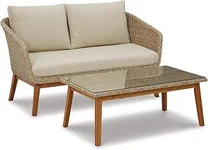 Signature Design by Ashley Outdoor Crystal Cave Modern Patio Wicker Loveseat with Table, Beige | Amazon (US)