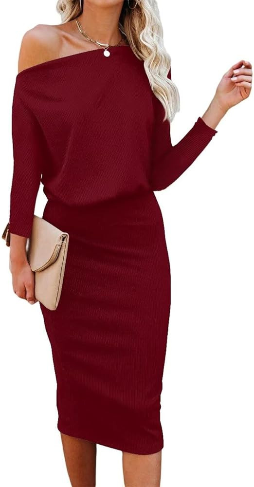 BONITEE Women's Sexy Off The Shoulder Midi Dress Casual Ribbed 3/4 Sleeve Party Dresses Fall Wedd... | Amazon (CA)