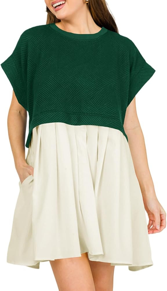 Wenrine Womens Summer Oversized Sweatshirt Dress Patchwork Short Sleeve Textured Crewneck Casual ... | Amazon (US)