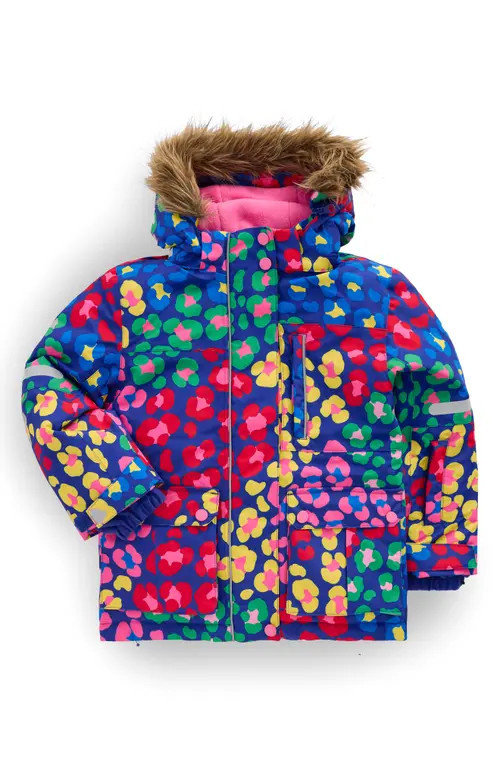 Mini Boden Kids' All Weather Faux Fur Trim Hooded Waterproof Coat in Multi Rainbow Leopard at Nordstrom, Size 5-6Y | Nordstrom