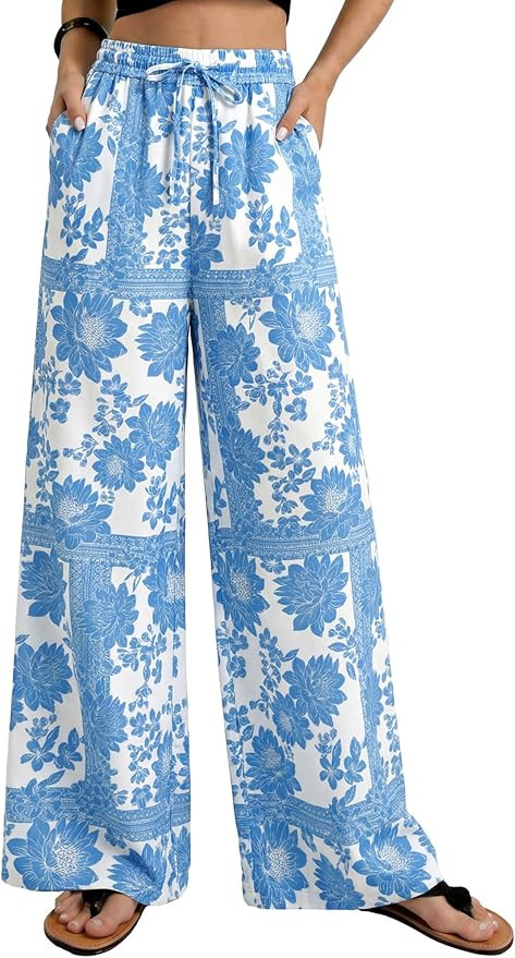 GRACE KARIN Womens Casual Wide Leg Pants, Palazzo Boho Vacation Pants, High Waist Drawstring Trou... | Amazon (US)