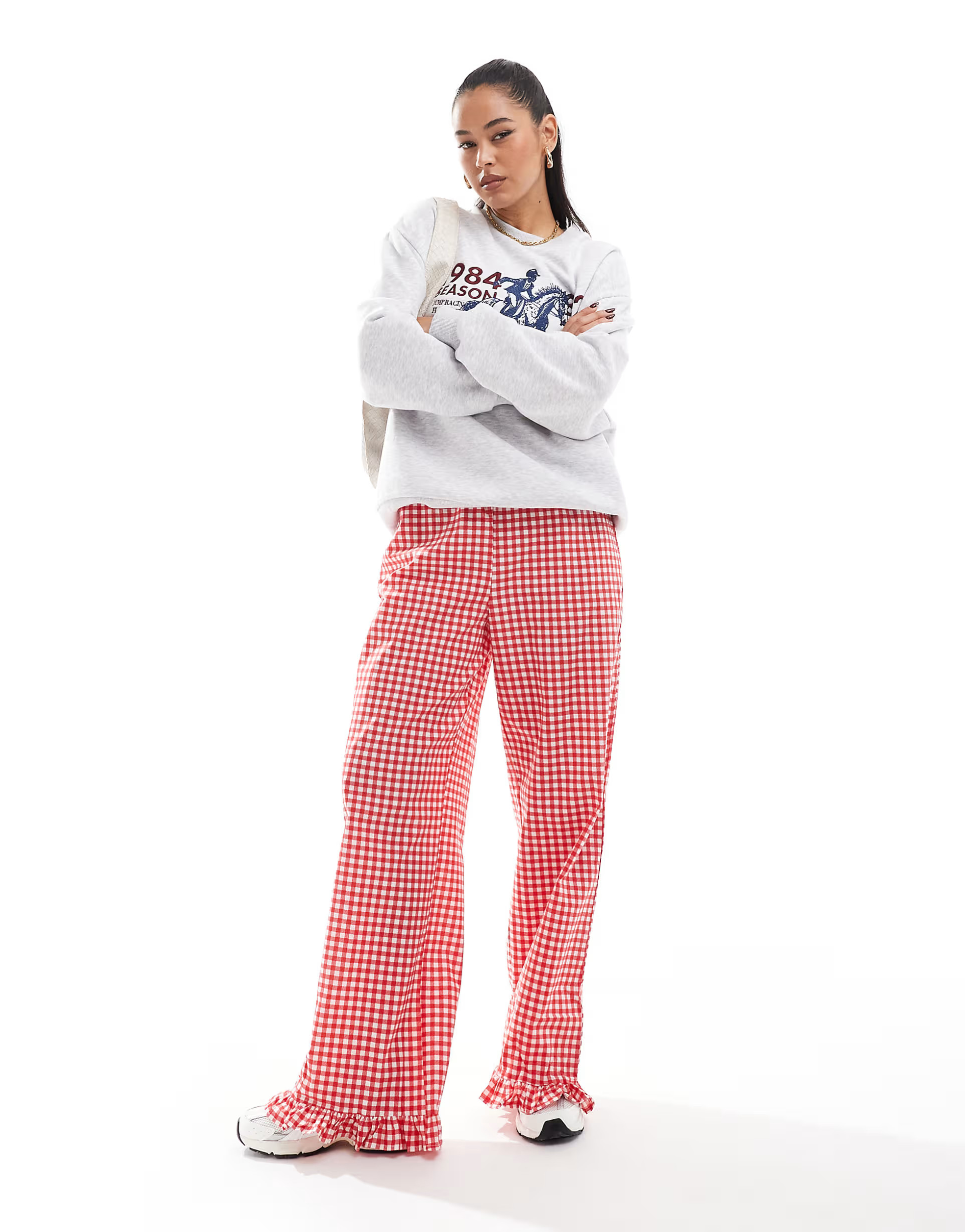 ASOS DESIGN gingham trousers with frill hem in red | ASOS | ASOS (Global)