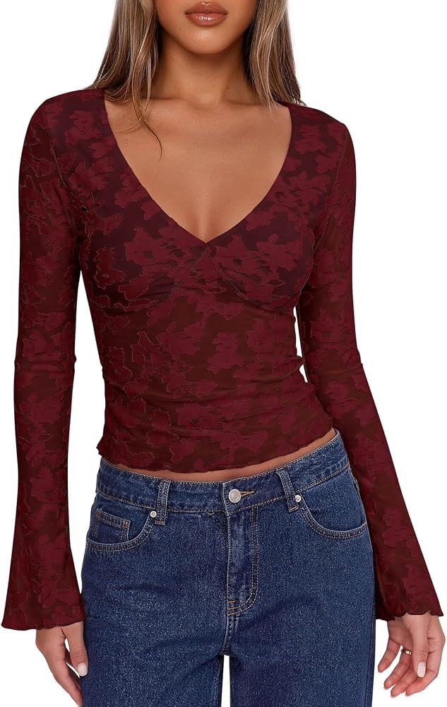 PINKMSTYLE Long Sleeve Shirts for Women Mesh Sheer V Neck Going Out Tops | Amazon (US)