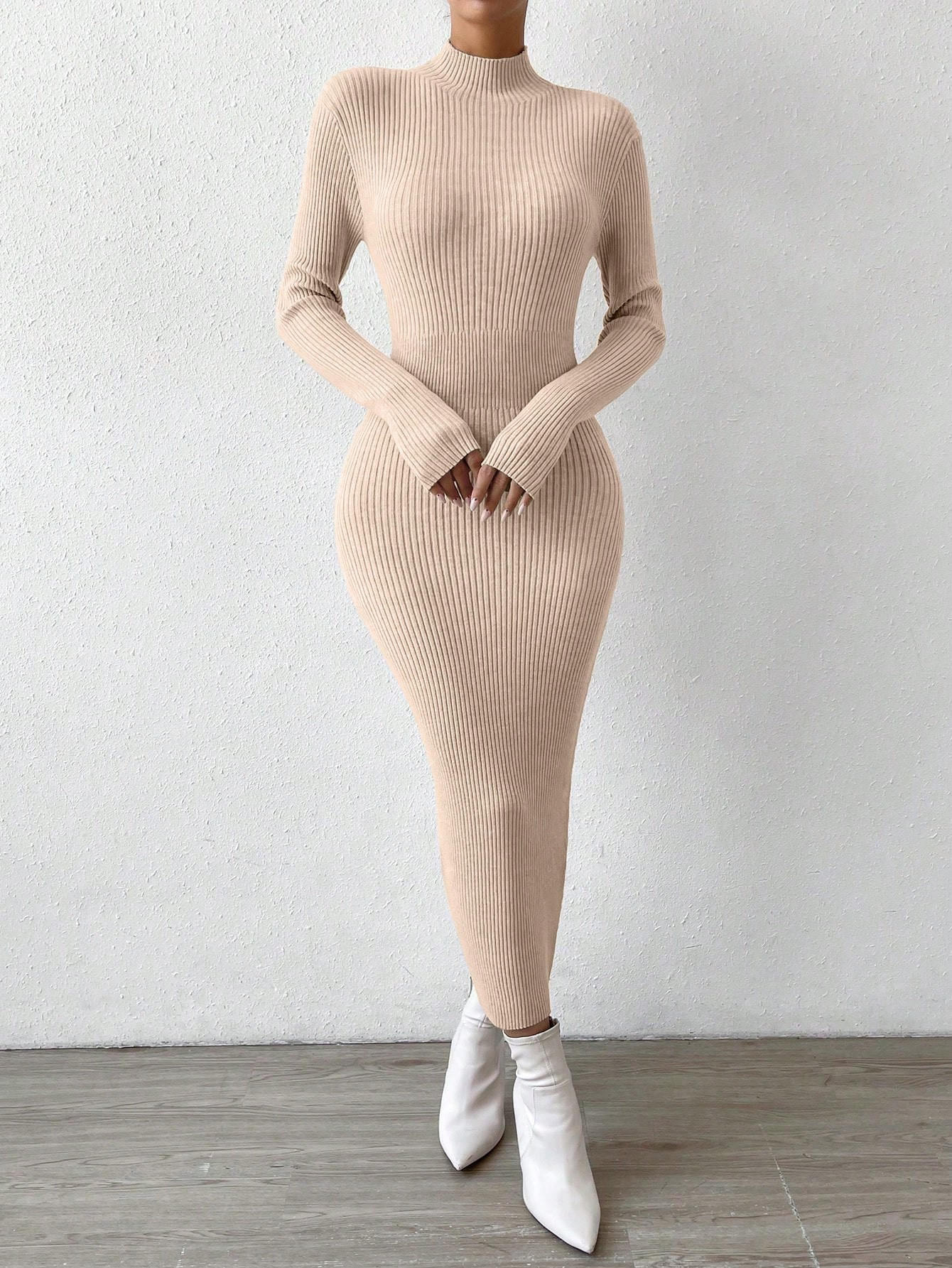 SHEIN Privé Mock Neck Ribbed Knit Bodycon Sweater Dress | SHEIN