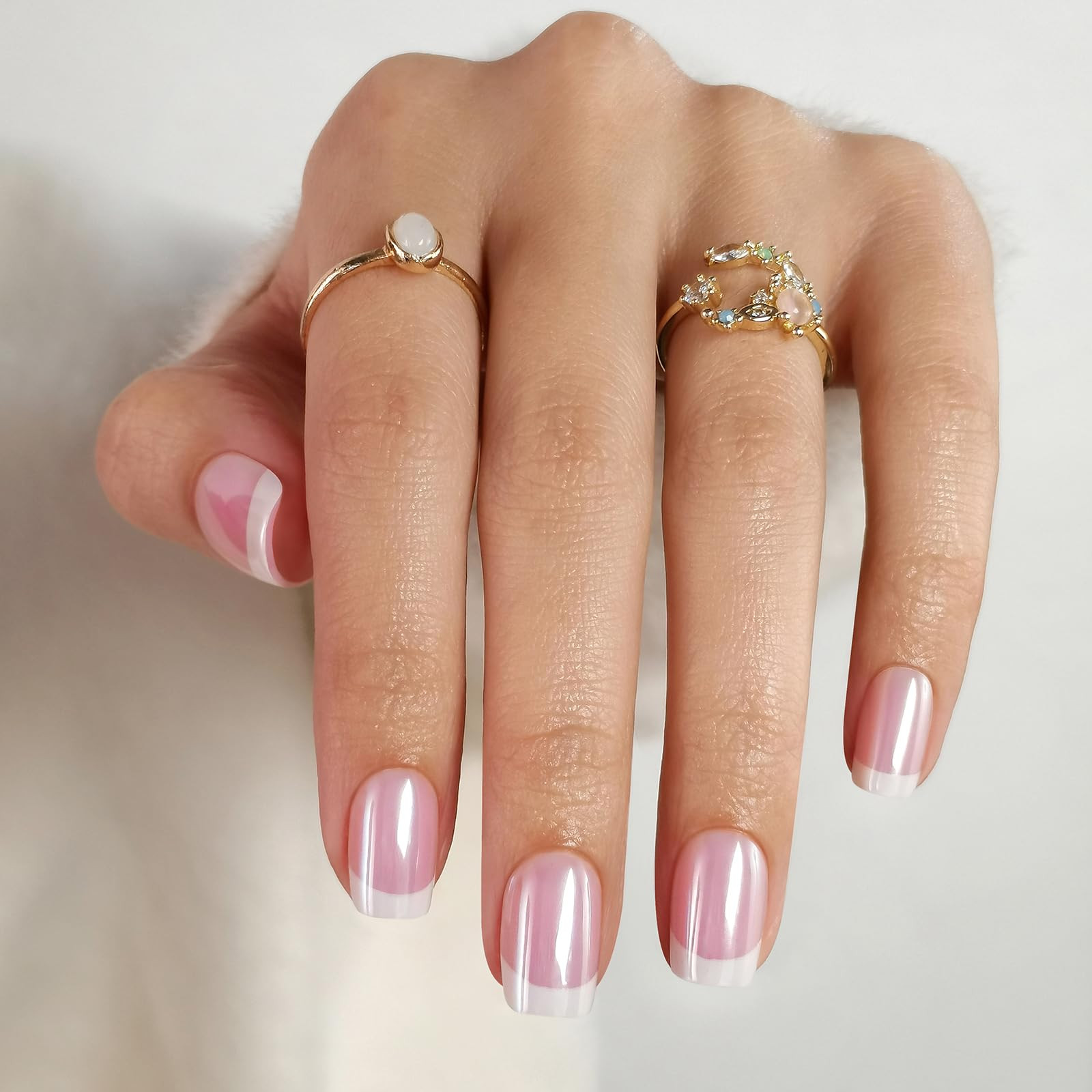 Chrome White French Tip Press on Nails Short - Soft Gel Square Press on Nails for Women Gift, Glo... | Amazon (US)