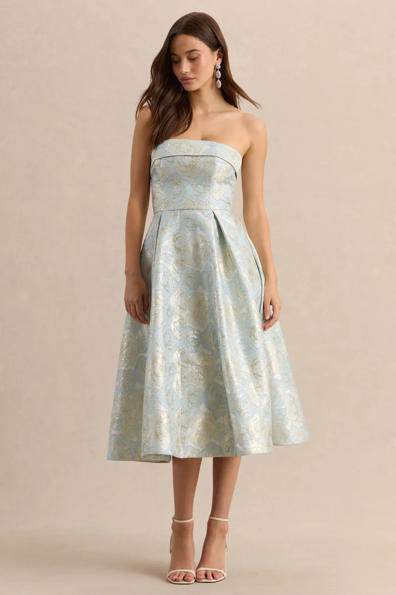 Tori  Powder Blue Jacquard Bandeau Skater Midi Dress | Club L London