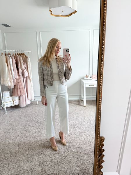 Workwear look idea! I’ve paired this long sleeve top with a cropped blazer from Amazon and heels. I love these pants from Spanx! 

#LTKshoecrush #LTKstyletip #LTKworkwear