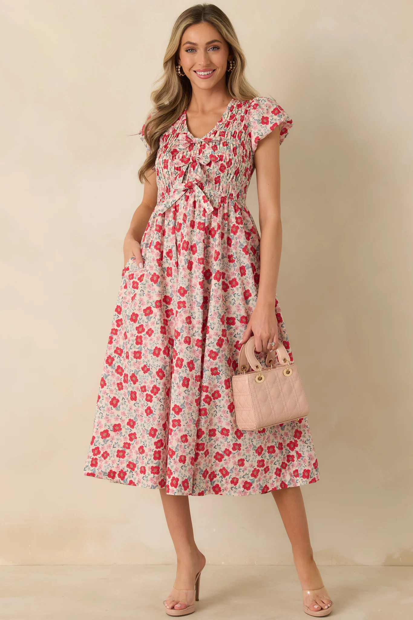 Tied With Love Red Multi Floral Print Cotton Bow Detail Midi Dress | Red Dress