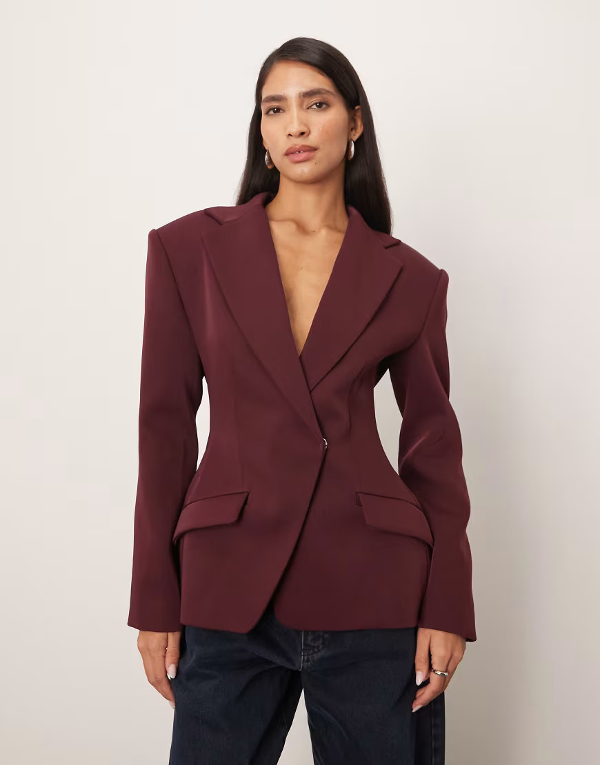 ARRANGE premium tailored blazer with cinched waist in burgundy | ASOS (Global)