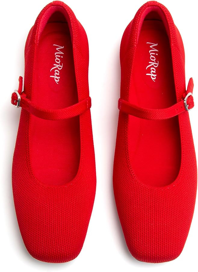 Square Toe Mary Jane Flats for Women Dressy Comfortable Knit Ballet Flat Adjustable Strap for Wor... | Amazon (US)