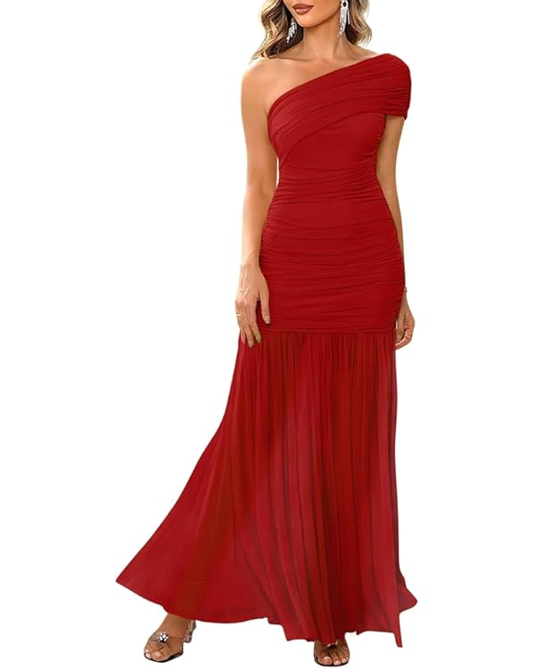 LAGSHIAN Women's Elegant Formal Long Dress One Shoulder Sleeveless Ruched Bodycon Evening Dress | Amazon (US)