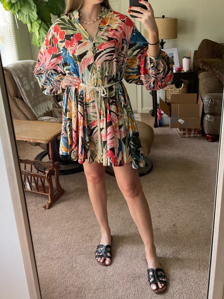 I have never gotten so many compliments on a dress! True to size but runs a little short, size up for extra length - I’m wearing my usual Small and I’m 5’6” 

LOVE these sandals - incredibly comfortable and true to size. I’ve had these for several years now! They come in a ton of colors 
.
Tropical dress summer outfit vacation black sandals 

#LTKstyletip #LTKshoecrush #LTKfindsunder50