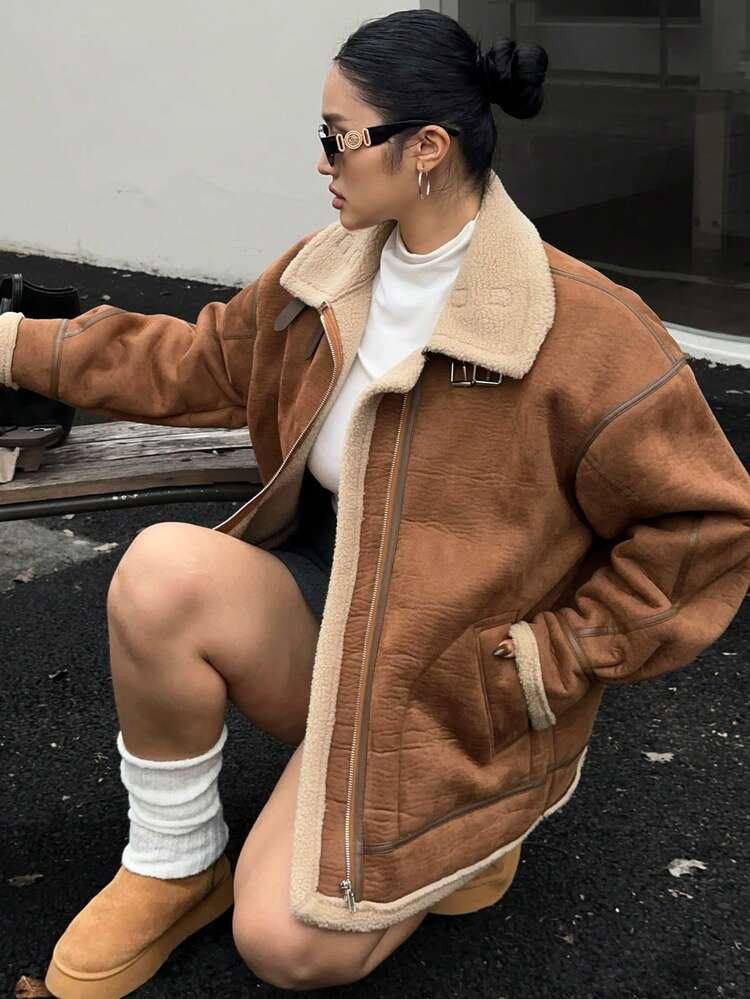 Dazy Plus Chaqueta De Motociclista De Talla Grande Para Mujer Con Parches De Piel Sintética Y Gamuza, Forrada Térmicamente, Abrigos De Mujer Forrados Térmicamente Para Otoño/Invierno | SHEIN