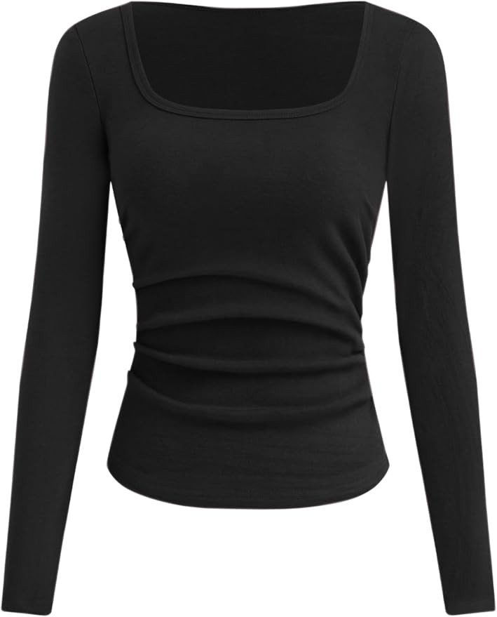 CIDER Long Sleeve Tops for Women Thermal Shirts Square Neck Ruched Basic Fall Top Slim Fitted Cas... | Amazon (US)