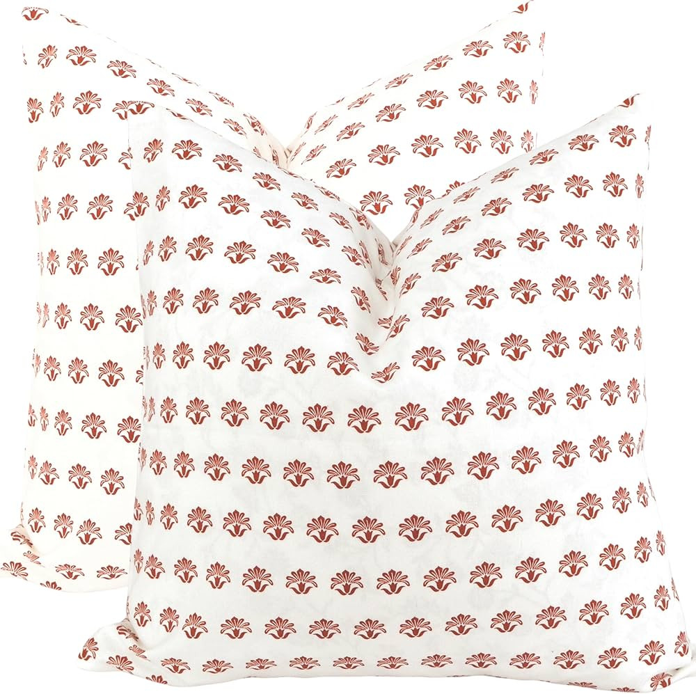 Hand Block Print Floral Pillow Covers Botanical Design Flower Cushion Covers Rustic Grand Millennial Style Pillow Cases for Throw Pillows Vintage Home Decor 18x18 Set of 2 Cream White & Rust Brown | Amazon (US)