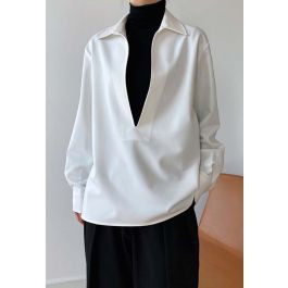 Deep V-Neck Collared Shirt in White | Chicwish