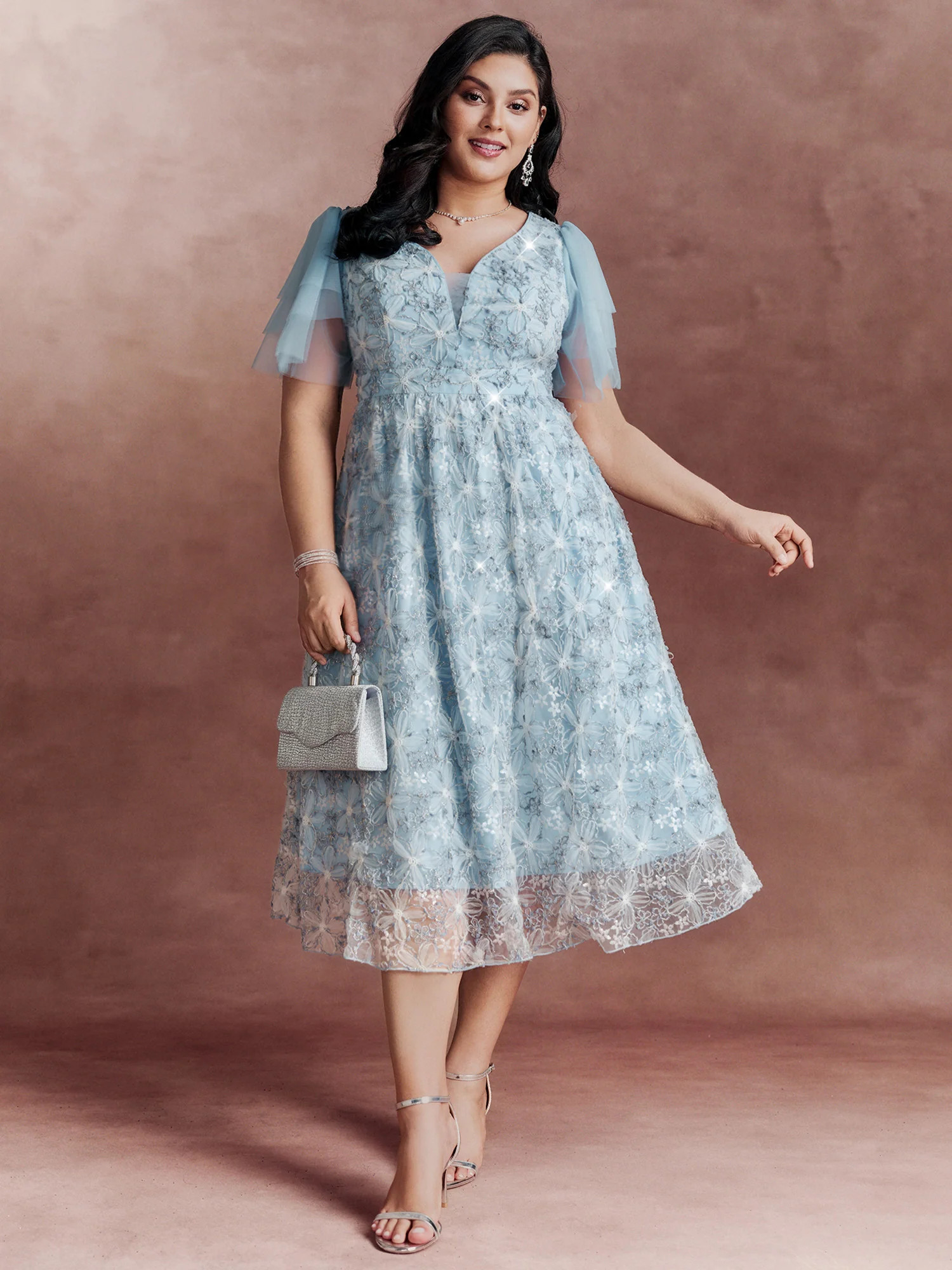 Floral Mesh Embroidered Lotus Leaf Sleeve Midi Dress | Bloomchic