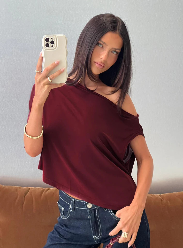 Passerby Asymmetrical Off Shoulder Top Burgundy | Princess Polly US