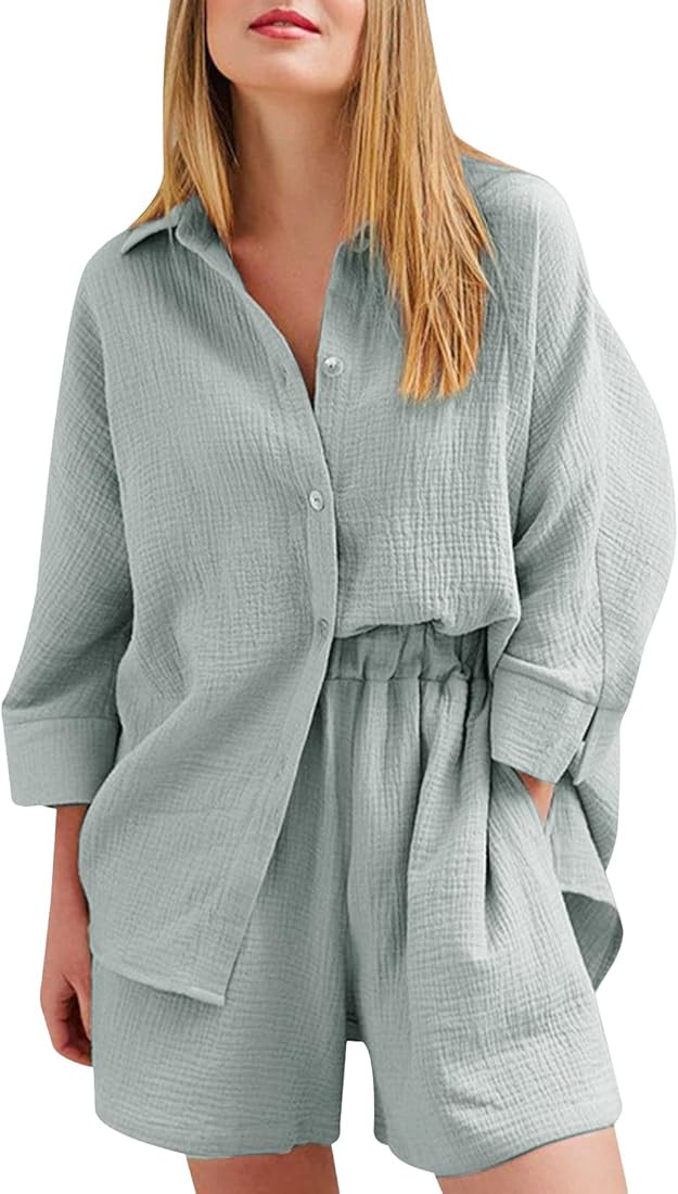 Arssm Linen 2 Piece Set for Women Button Down Shirt Top High Waist Wide Leg Shorts Outfits for Su... | Amazon (US)