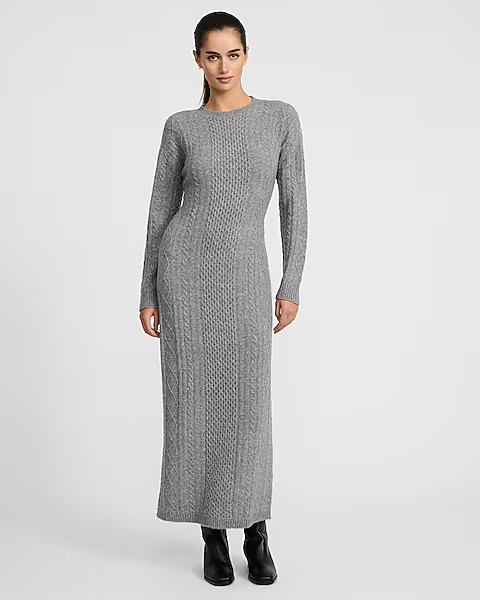 Cable Knit Crew Neck Long Sleeve Maxi Sweater Dress | Express