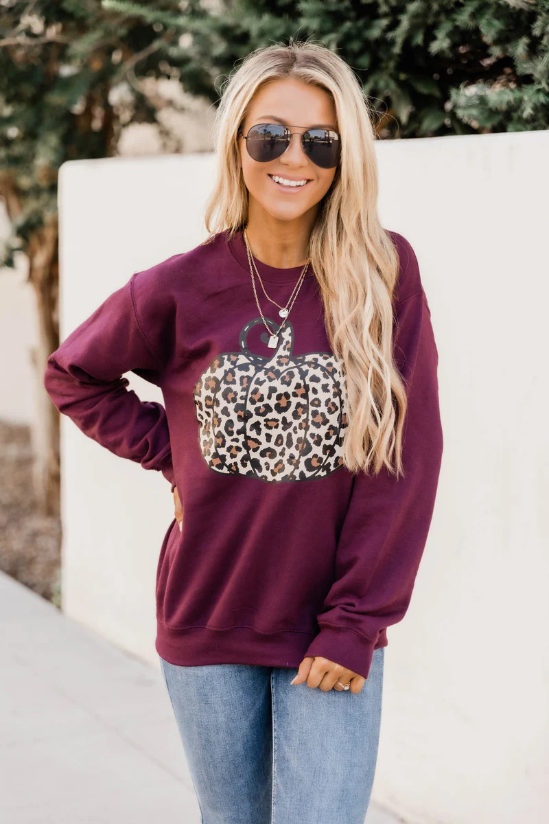 Animal Print Pumpkin Graphic Maroon Sweatshirt | The Pink Lily Boutique