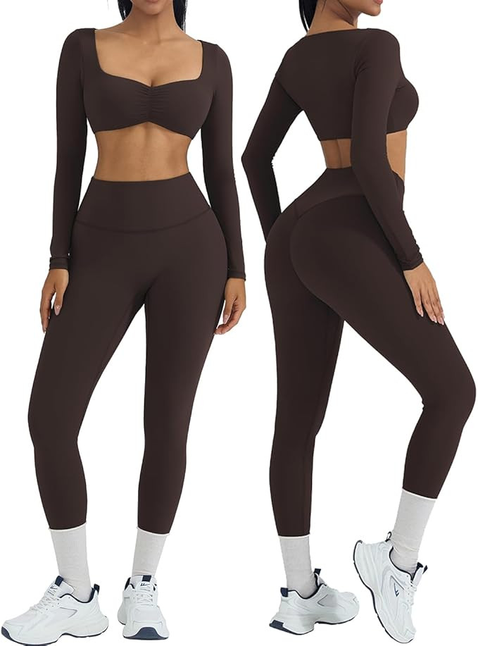 OMKAGI 2 Piece Workout Sets for Women Long Sleeve Padded Sports Bra High Waisted Gym Outfits with... | Amazon (US)