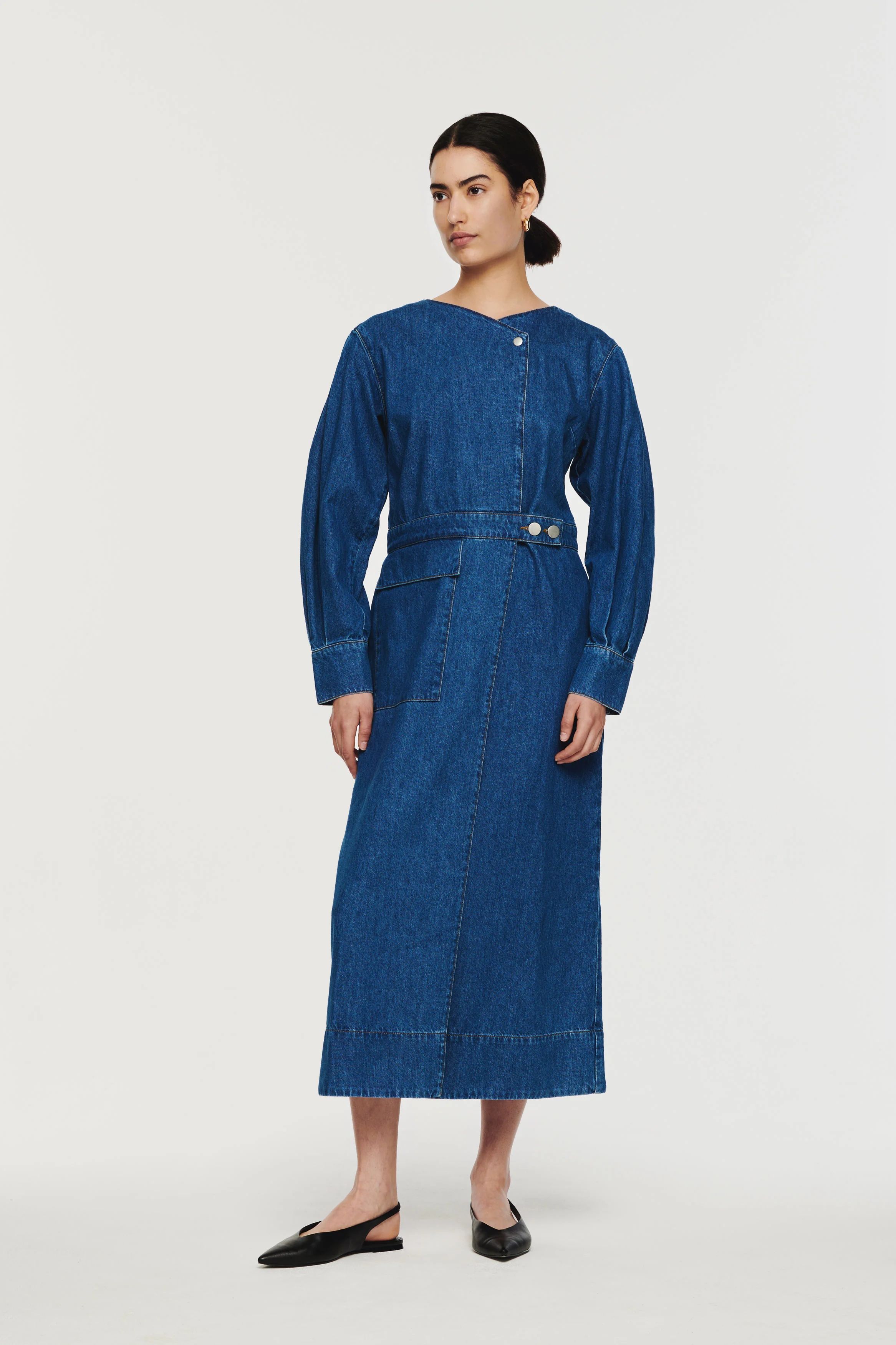 Marais | Functional Wrap Front Dress in Mid Blue | ALIGNE | Aligne UK