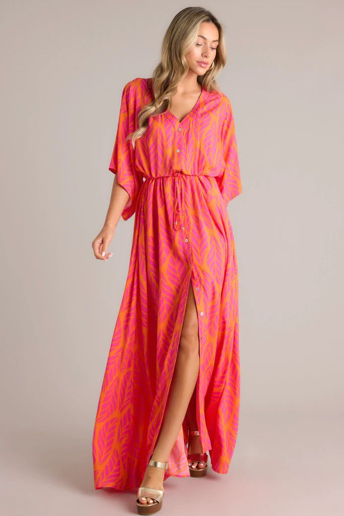 Sunset Palms Hot Pink Tropical Print Button Front Maxi Dress | Red Dress