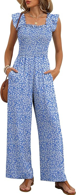 Caracilia Jumpsuits for Women Dressy Casual Smocked Ruffle Cap Sleeve Rompers 2026 One Piece Summ... | Amazon (US)