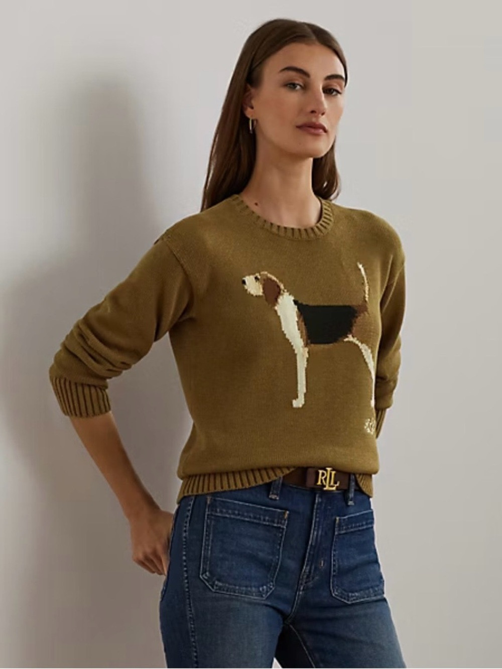 Ralph Lauren Olive Green Crewneck Sweater with Dog Intarsia | Poshmark