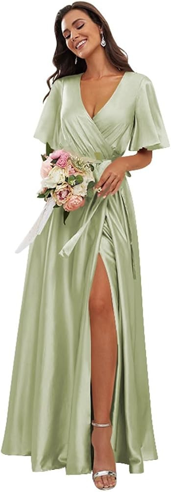 YMSHA Pleated V Neck Satin Bridesmaid Dresses with Sleeves Side Slit Formal Party Dress YMS170 | Amazon (US)