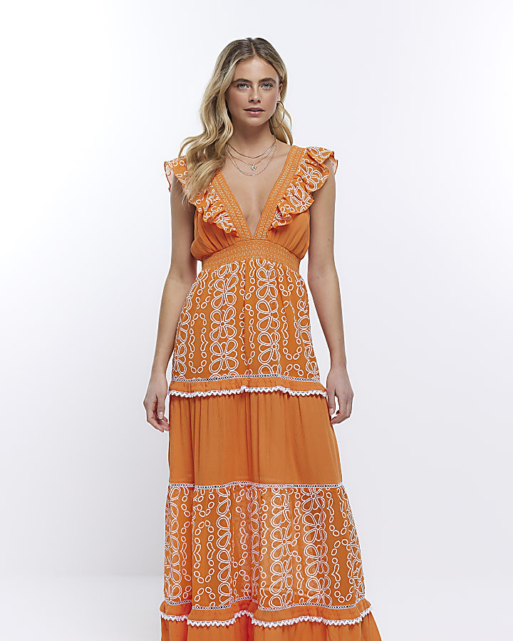 Orange floral frill detail beach maxi dress | River Island (UK & IE)
