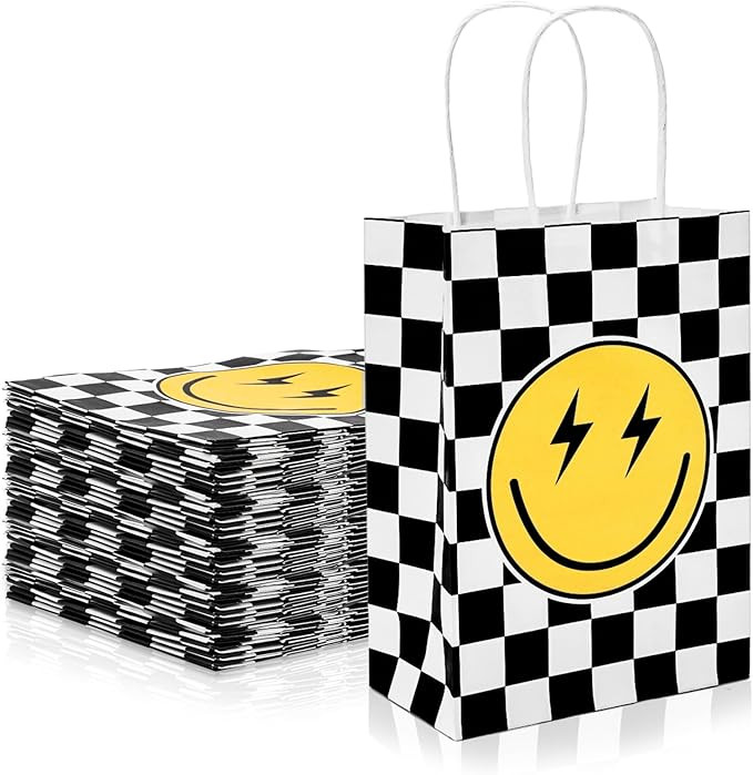AnyDesign 16Pcs One Happy Dude Party Favor Bags Smile Face Paper Gift Bags with Handles Bulk Chec... | Amazon (US)