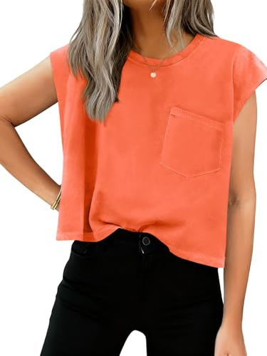 Tankaneo Womens Crop Tank Top Cap Sleeve Summer Tops Loose Casual Basic Crewneck Shirts with Pockets Orange | Amazon (US)