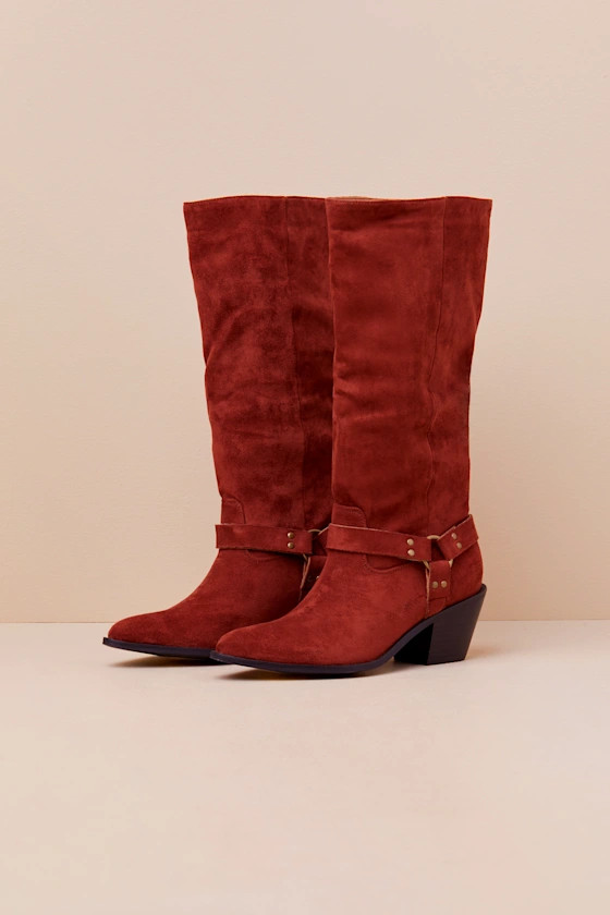 Assia Rust Suede Slip-On Knee-High Moto Boots | Lulus