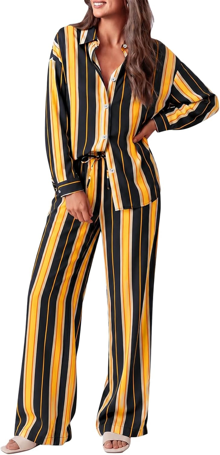 Tankaneo Womens Striped Pajama Sets Loose Fit Lounge Sets Chic 2 Piece Fall Outfits | Amazon (US)